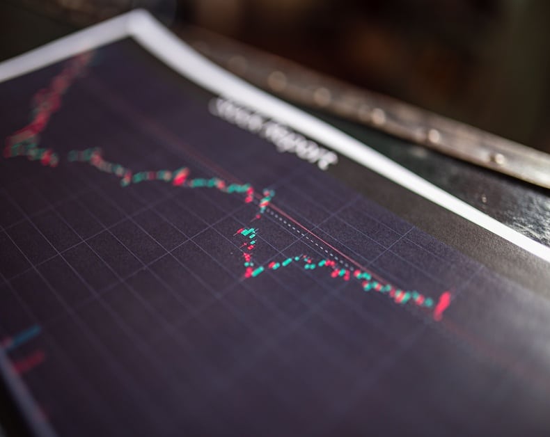 Candlestick stock chart on a dark grid, showing red and green price movements on a tilted printout edgewise.